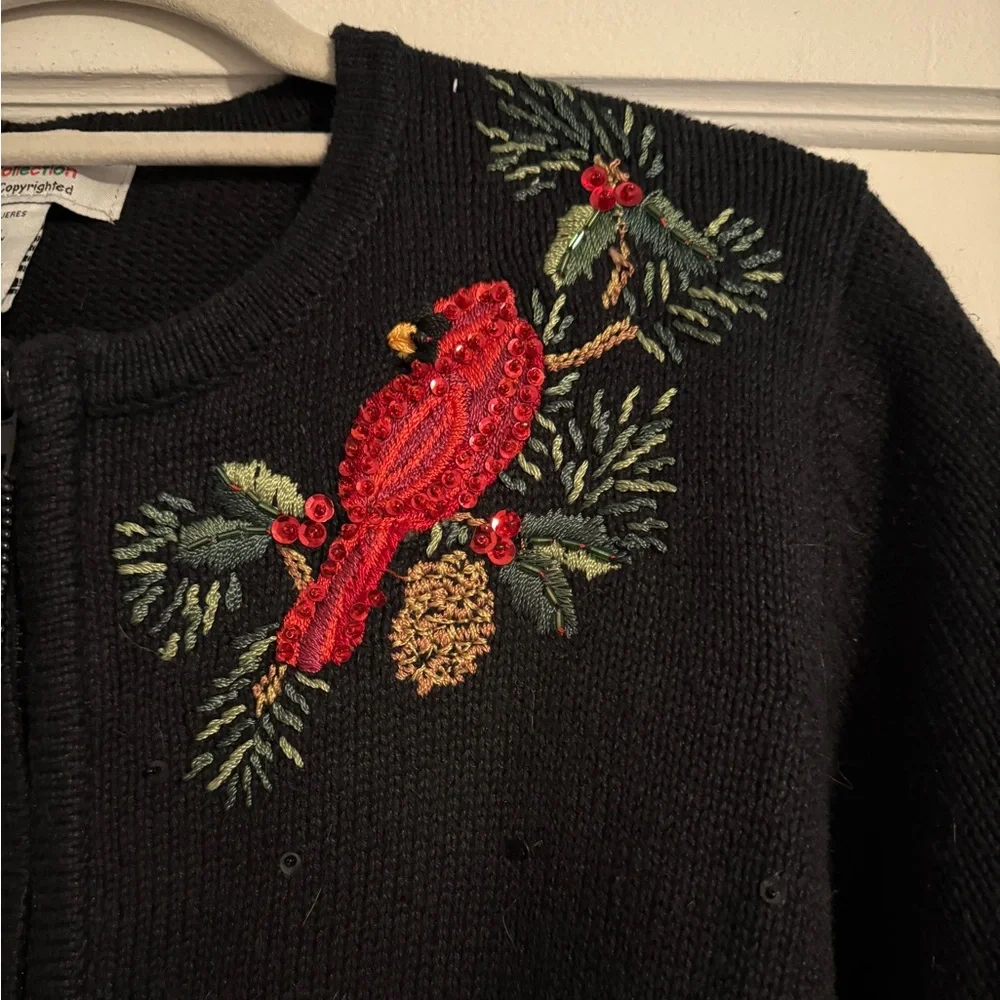 Vintage Tiara International Ugly Christmas Zip Cardigan Cardinal Holly Size XL